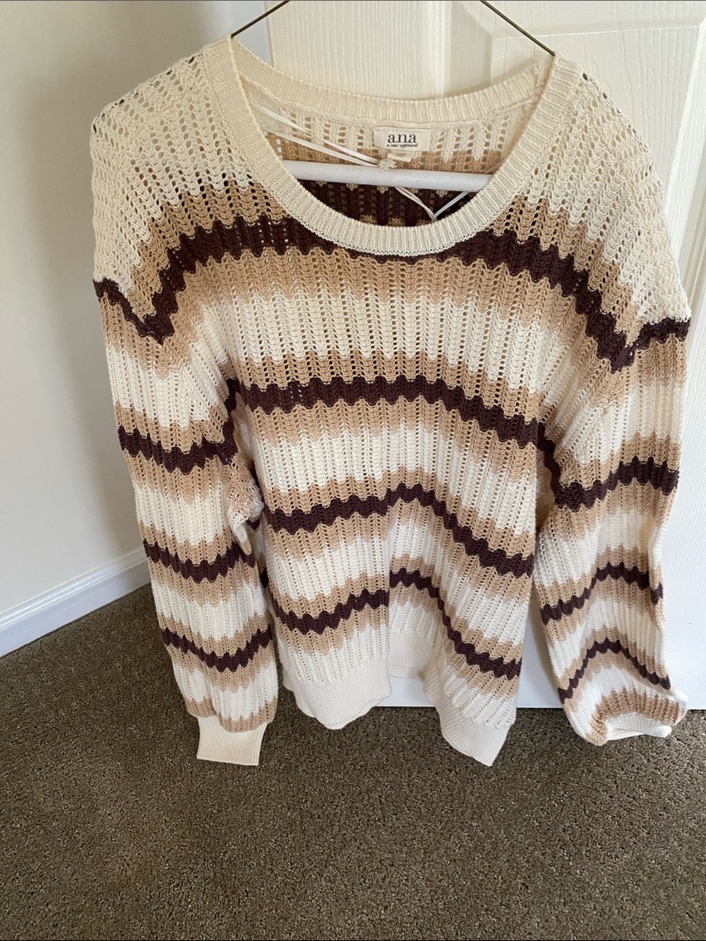 a.n.a Cream Sweater with Brown and Tan Stripe Detail